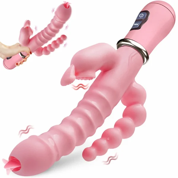 Vibromasseur 3-en-1 LicklIp Rabbit avec Gode, Double Tige et Fonction de Léchage de Langue